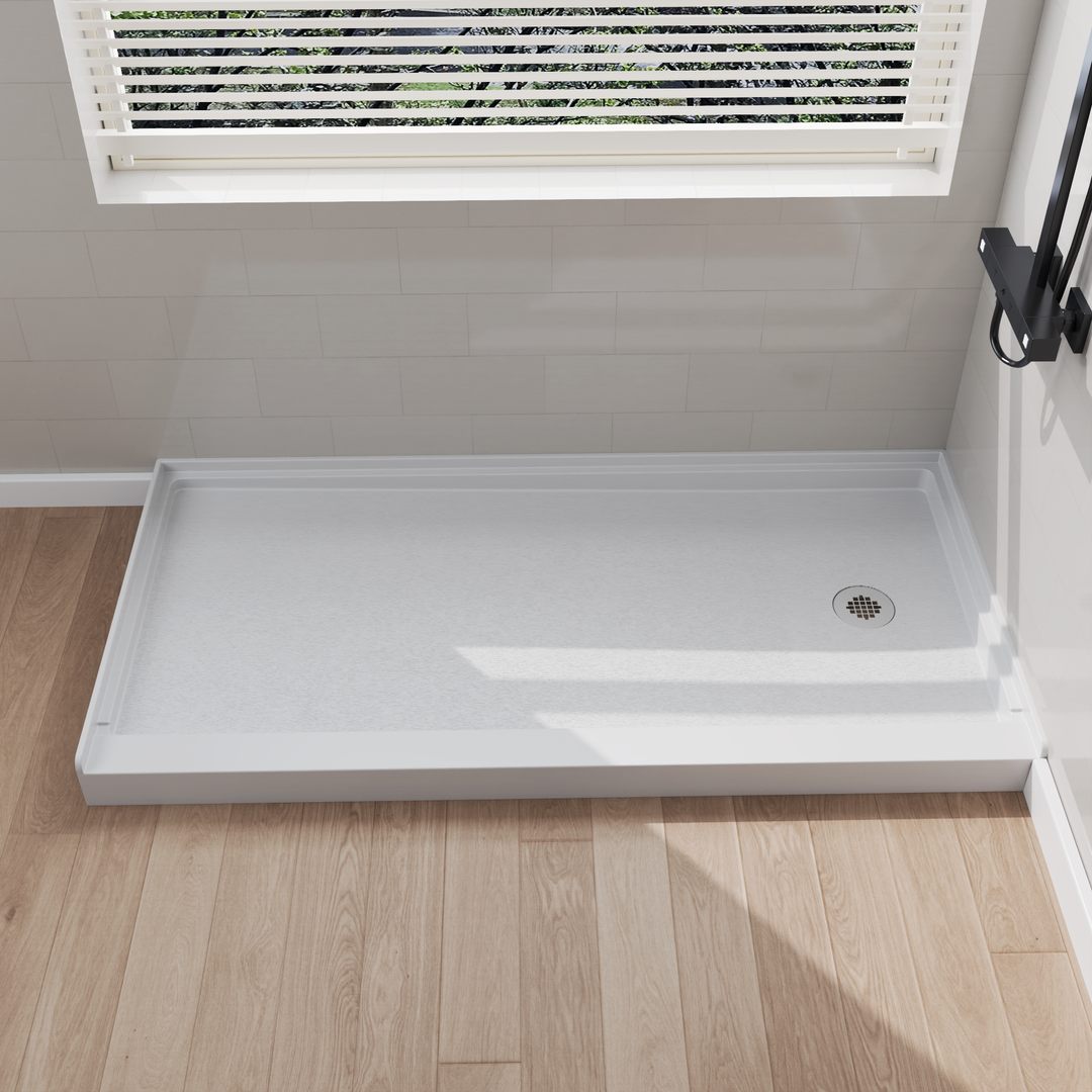 Side view of 60" x 30" SMC Shower Base with right , Glossy, White Surface in modern bathroom#color_white