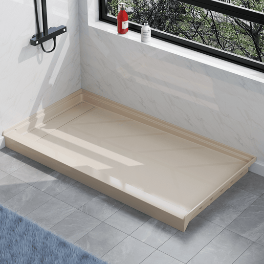 Angled view of 60''x32'' beige SMC shower base with left linear drain and glossy finish#color_beige#drain_left