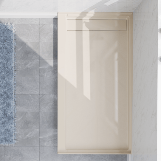 Top view of 60''x32'' Beige SMC shower base with left linear drain and glossy finish#color_beige#drain_left
