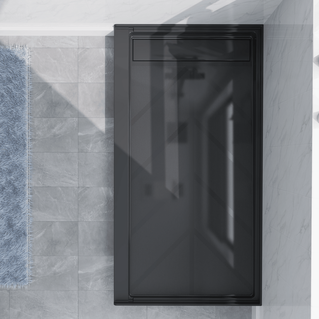 Black SMC 60''x 32'' shower base with left linear drain and glossy finish, top view in modern bathroom#color_black#drain_left