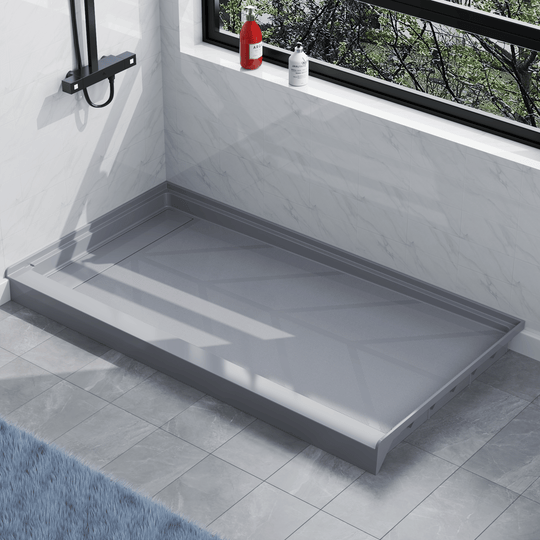 Gray 60''x32'' SMC shower base with left linear drain and gloss finish, angled view in modern bathroom#color_gray#drain_left