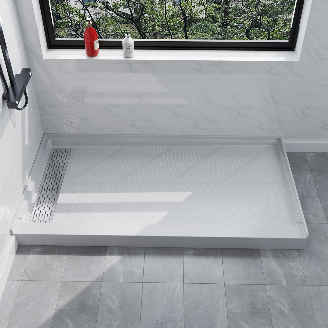 Side view of 60" x 32" SMC Shower Base with left Stainless Steel Linear Drain Cover, Glossy White Shower Pan Base in modern bathroom