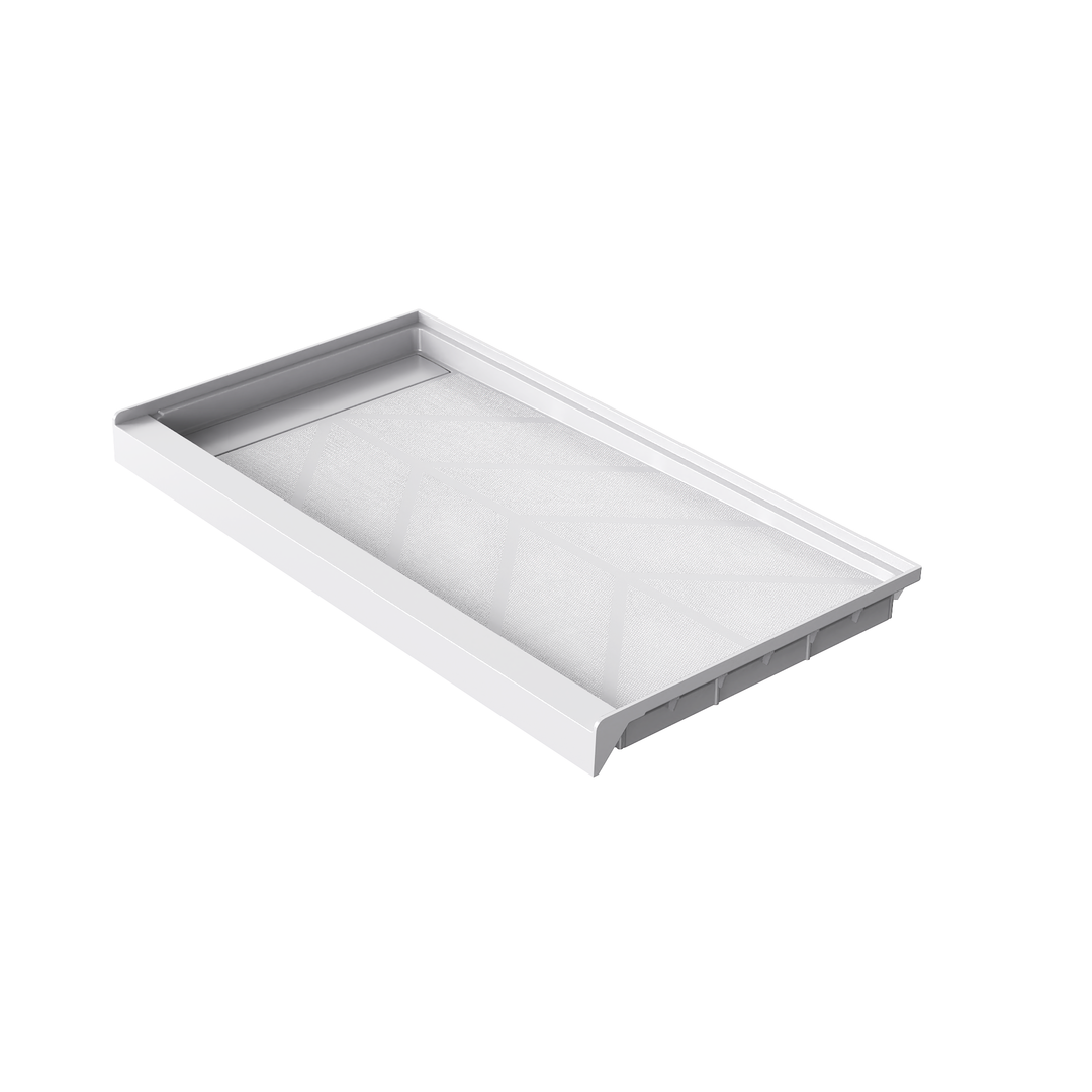 Angled view of 60'' x 32'' white SMC shower base with left linear drain and gloss finish, white background#color_white#drain_left