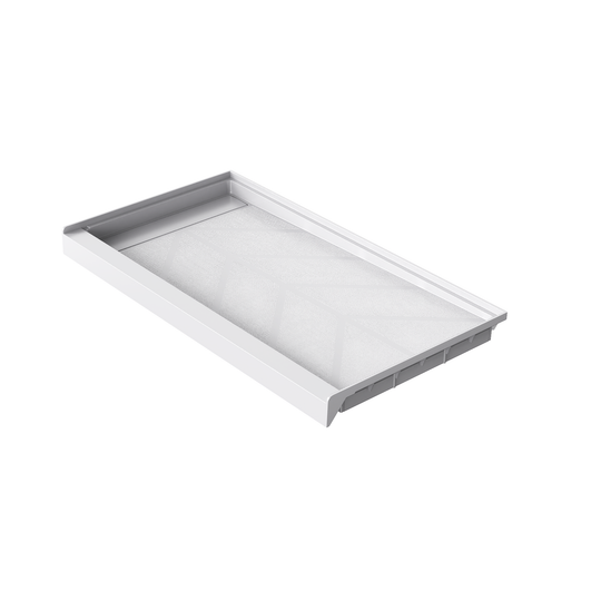 Angled view of 60'' x 32'' white SMC shower base with left linear drain and gloss finish, white background#color_white#drain_left