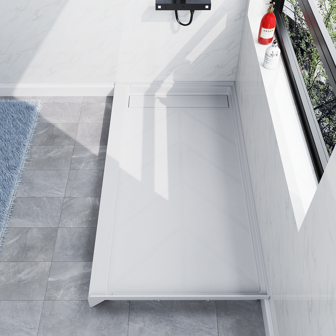 Angled close-up of 60'' x 32'' white SMC shower base with left linear drain and gloss finish, installed in modern bathroom#color_white#drain_left