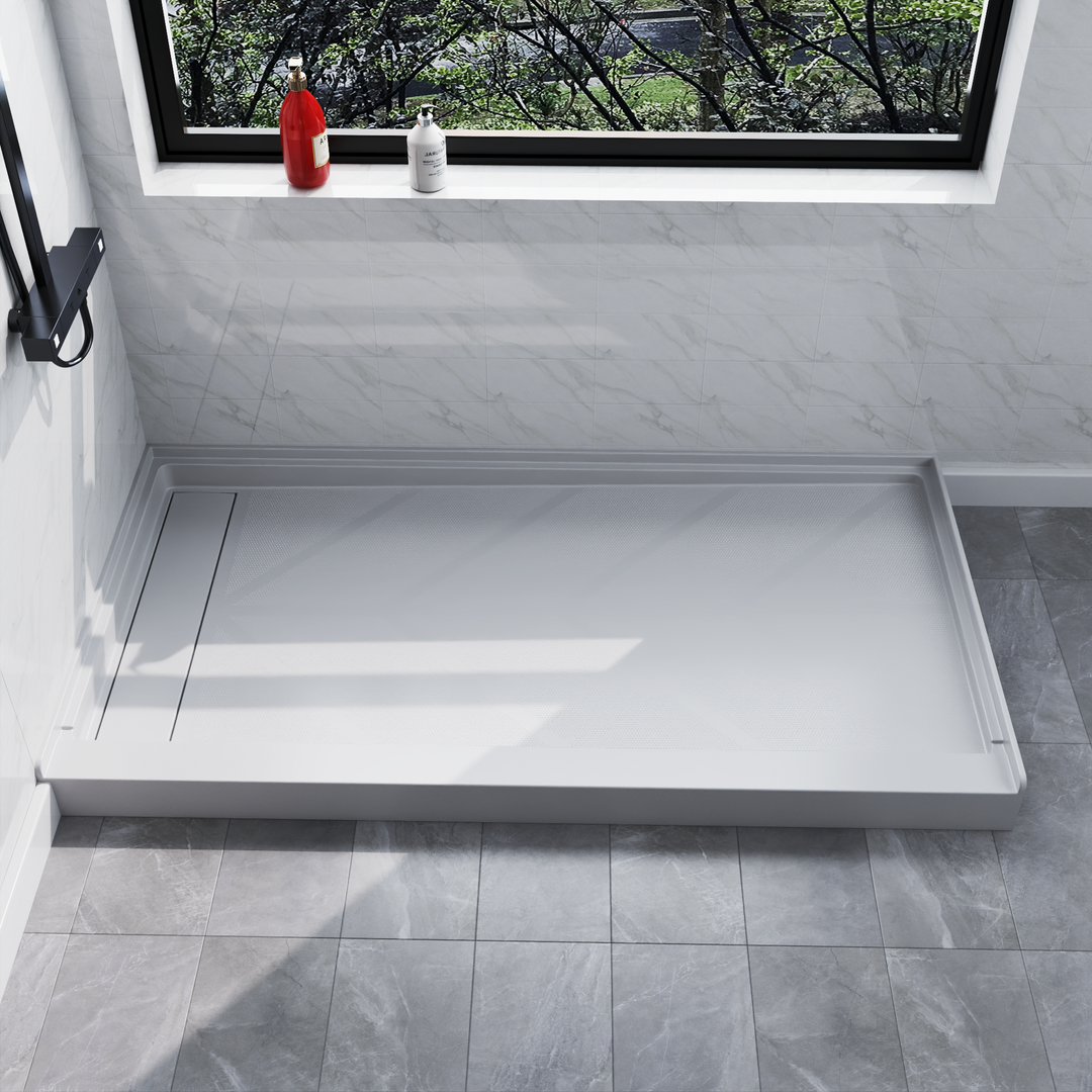 Side view of 60'' x 32'' white SMC shower base with left linear drain and gloss finish, installed in modern bathroom#left_white