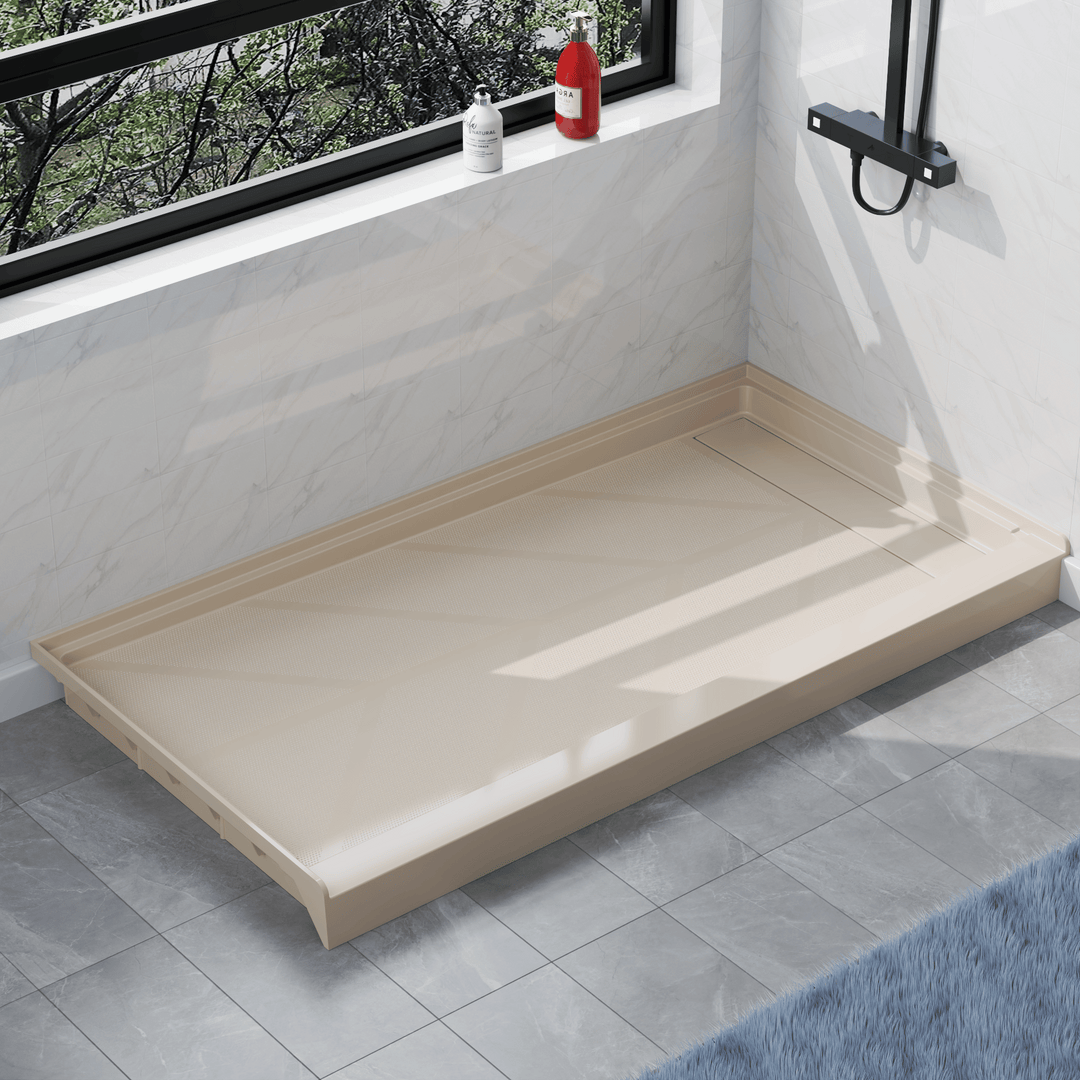 Angled view of 60'' x 32'' Beige SMC shower base with right linear drain and gloss finish, installed in modern bathroom with marble walls#color_beige#drain_right