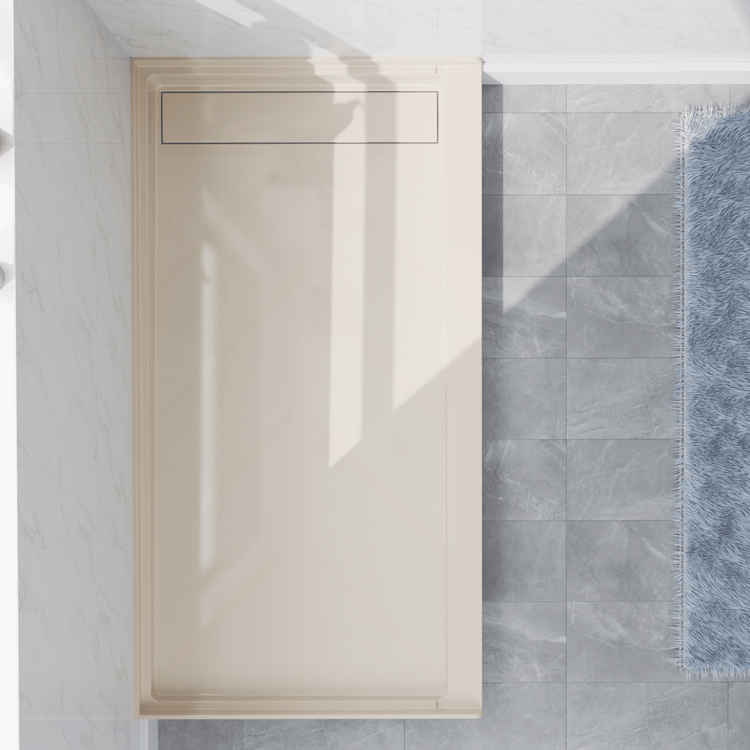 Top view of 60'' x 32'' Beige SMC shower base with right linear drain and gloss finish, installed in modern bathroom with marble walls#color_beige#drain_right
