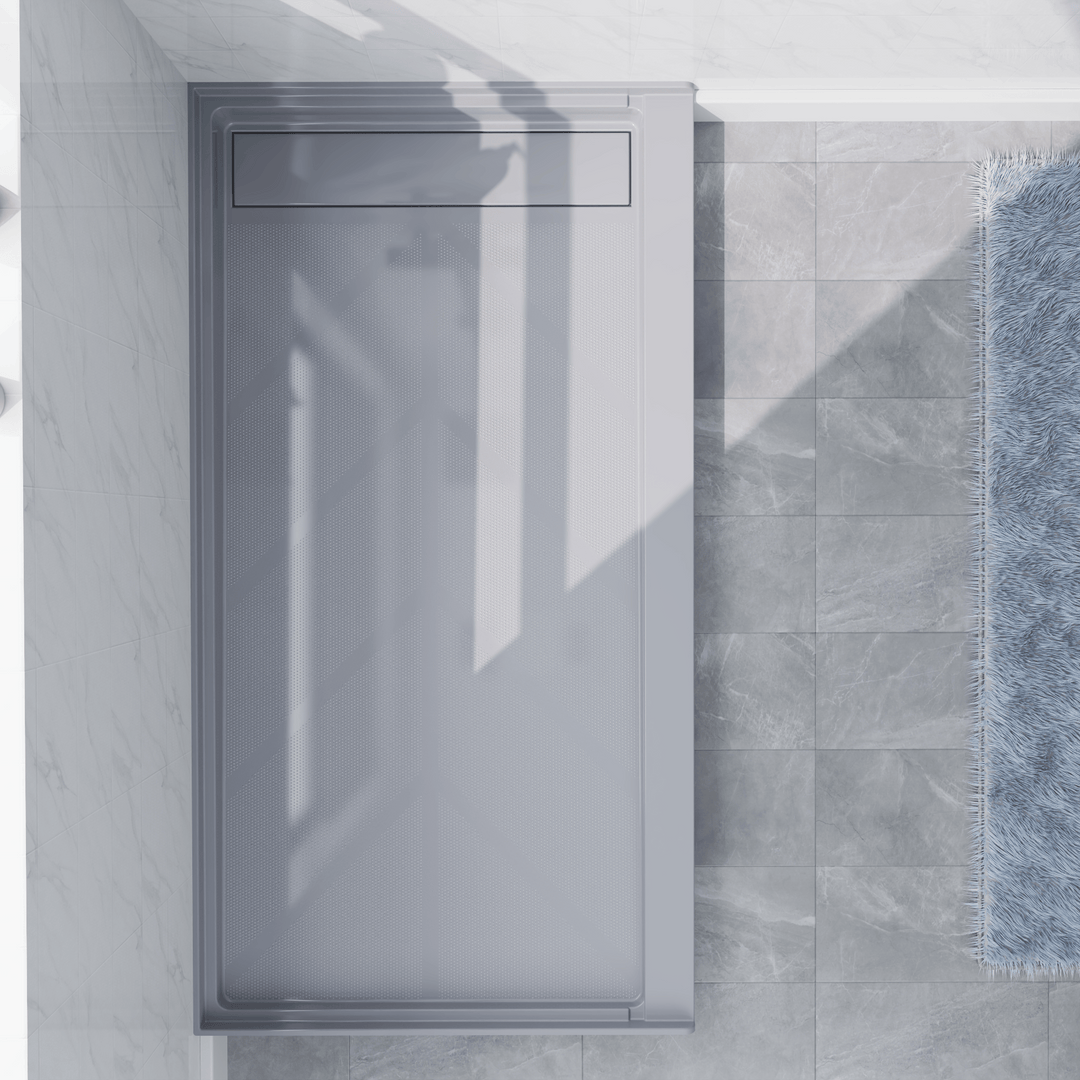 Top view of 60'' x 32'' Gray SMC shower base with right linear drain and gloss finish, installed in modern bathroom with marble walls#color_gray#drain_right