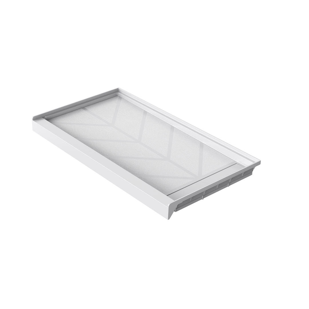 Angled view of 60'' x 32'' white SMC shower base with right linear drain and gloss finish, white background#color_white#drain_right
