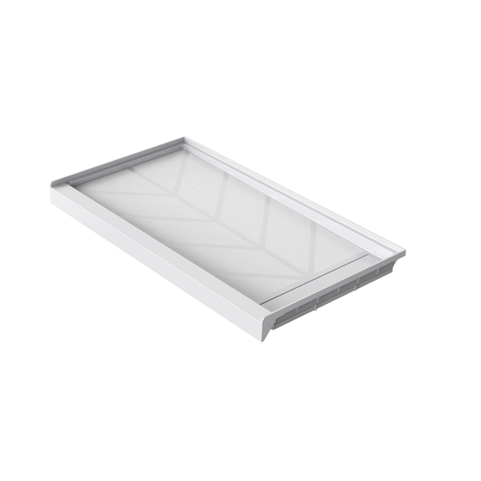 Angled view of 60'' x 32'' white SMC shower base with right linear drain and gloss finish, white background#color_white#drain_right