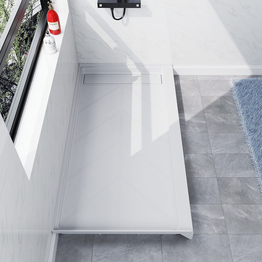 Angled close-up of 60'' x 32'' white SMC shower base with right linear drain and gloss finish#color_white#drain_right