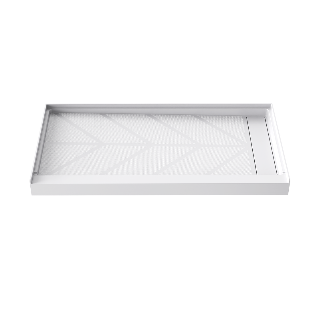 Side view of 60'' x 32'' white SMC shower base with right linear drain and gloss finish, white background#color_white#drain_right