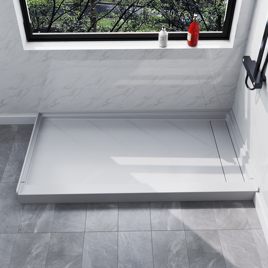60'' x 32'' white SMC shower base with right linear drain and gloss finish, top angled view#drain_right #color_white