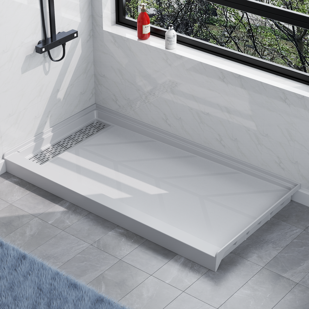 60'' x 32'' Aclove Shower Base with Stainless Steel Linear Drain Cover, Glossy and non-Slip surface