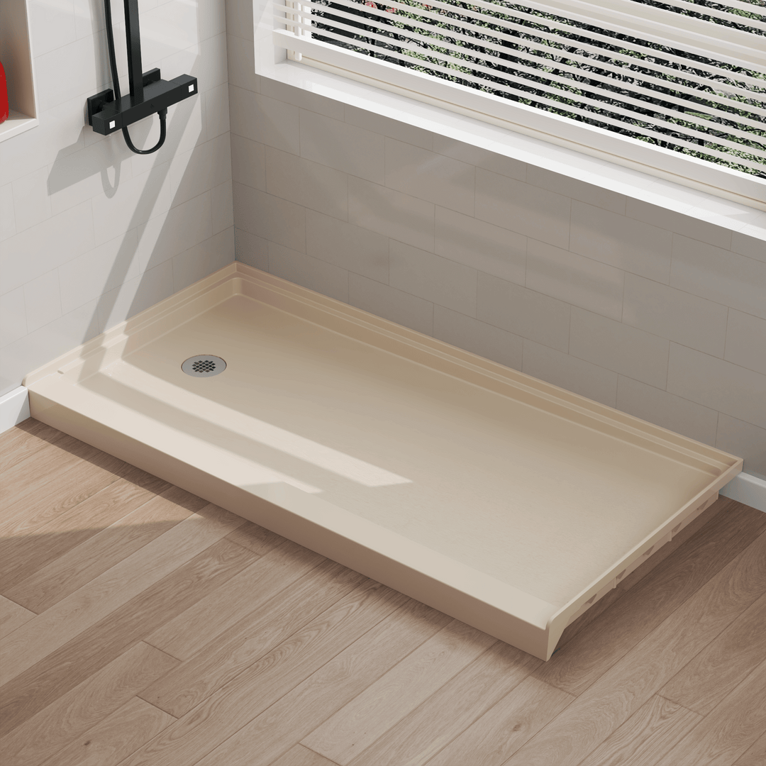 Angled view of 60" x 30" SMC Shower Base with left drain, Glossy, Beige Surface in modern bathroom#color_beige