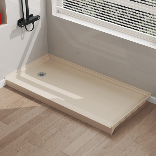 Angled view of 60" x 30" SMC Shower Base with left drain, Glossy, Beige Surface in modern bathroom#color_beige