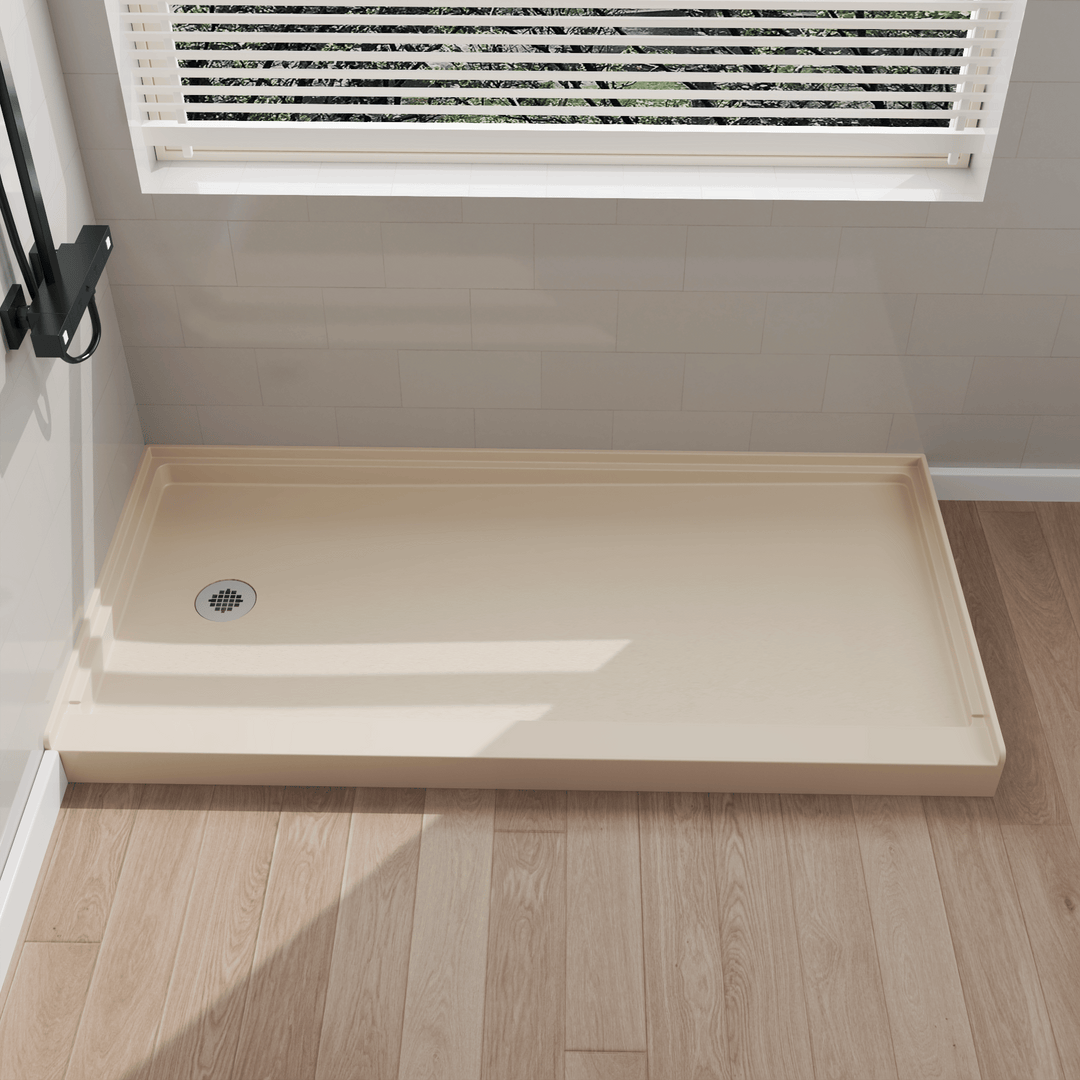 Side view of 60" x 30" SMC Shower Base with left drain, Glossy, Beige Surface in modern bathroom#color_beige