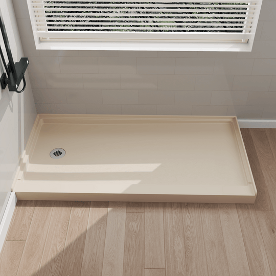 Side view of 60" x 30" SMC Shower Base with left drain, Glossy, Beige Surface in modern bathroom#color_beige