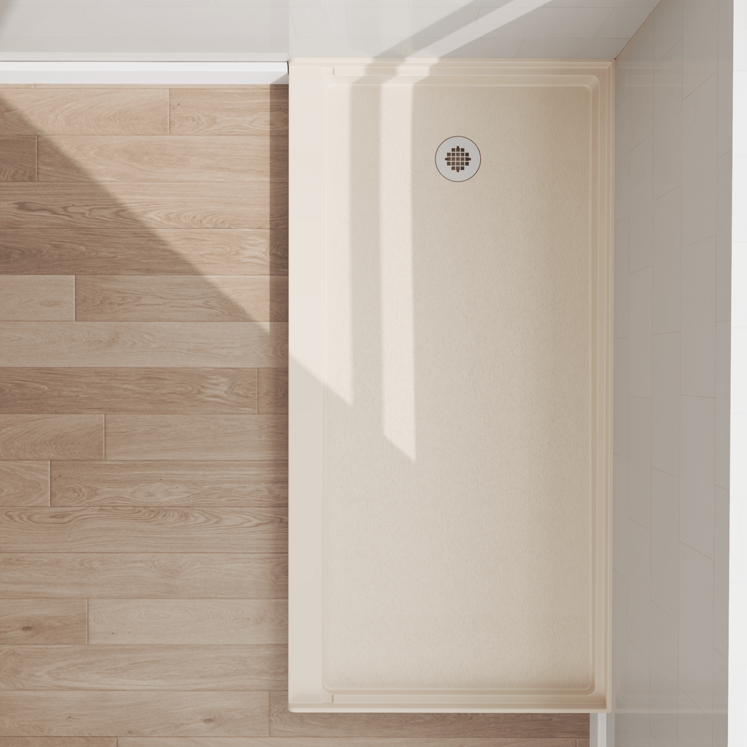 Top view of 60" x 30" SMC Shower Base with left drain, Glossy, Beige Surface in modern bathroom#color_beige