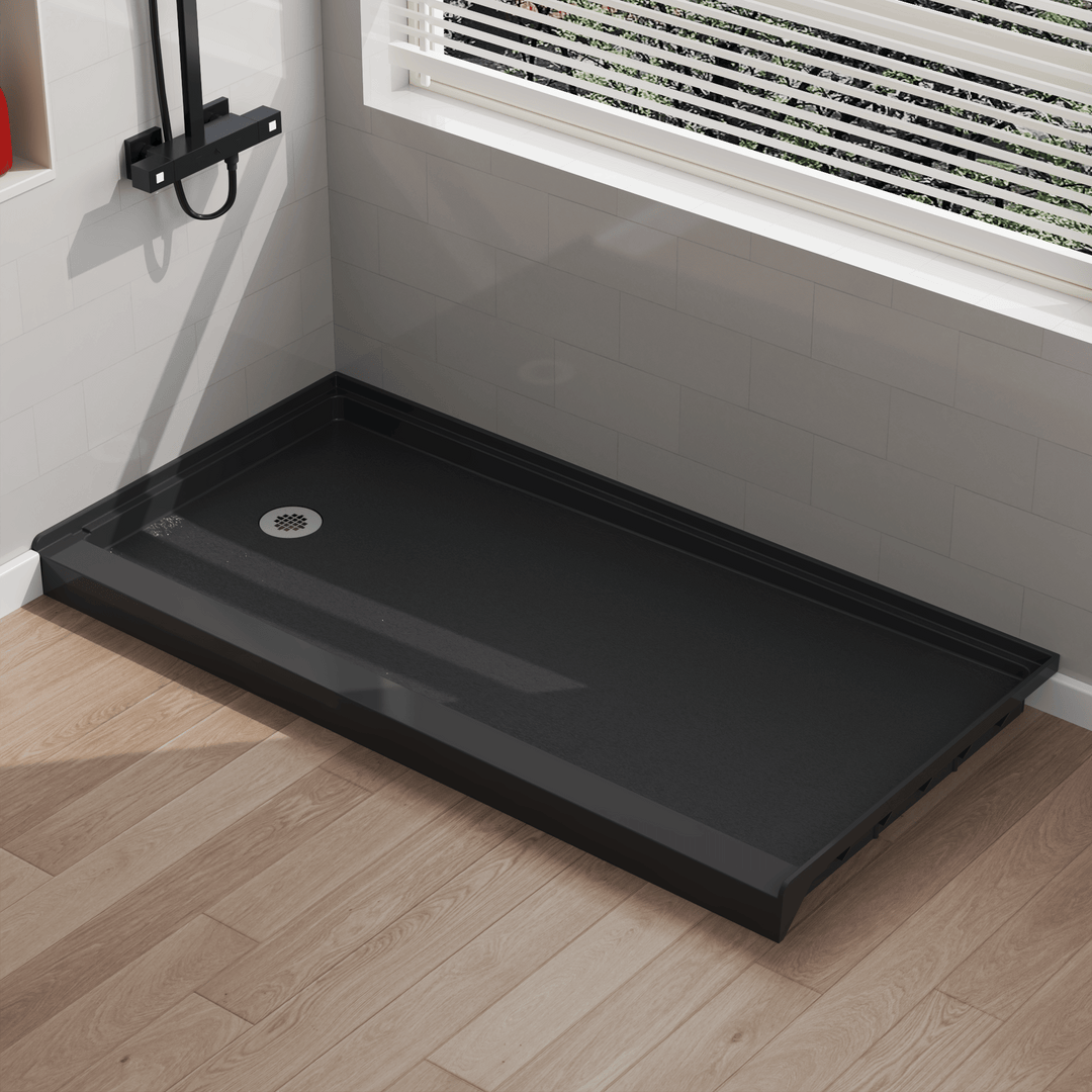 Angled view of 60" x 30" SMC Shower Base with left drain, Glossy, Black Surface in modern bathroom#color_black