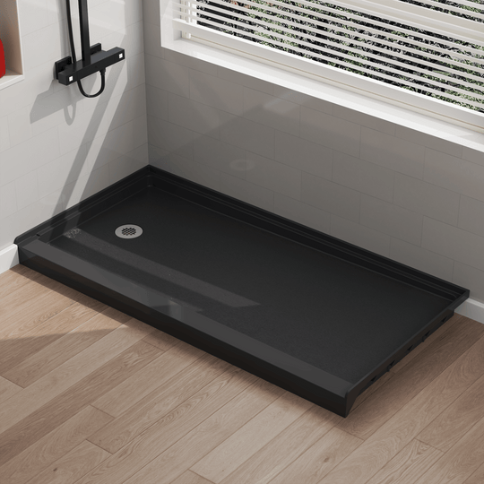 Angled view of 60" x 30" SMC Shower Base with left drain, Glossy, Black Surface in modern bathroom#color_black