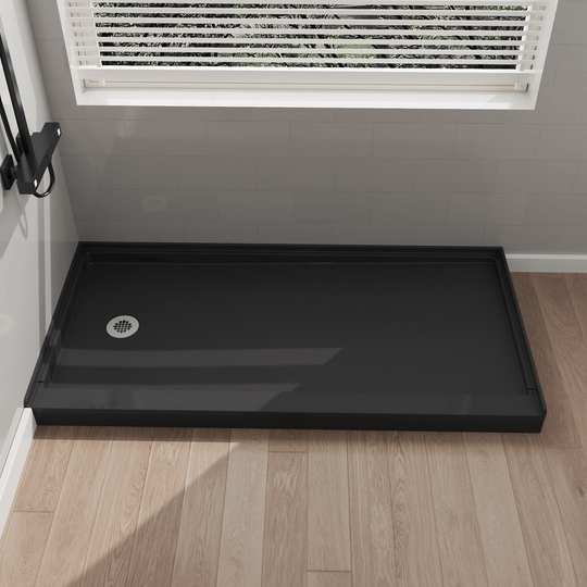 Side view of 60" x 30" SMC Shower Base with left drain, Glossy, Black Surface in modern bathroom#color_black