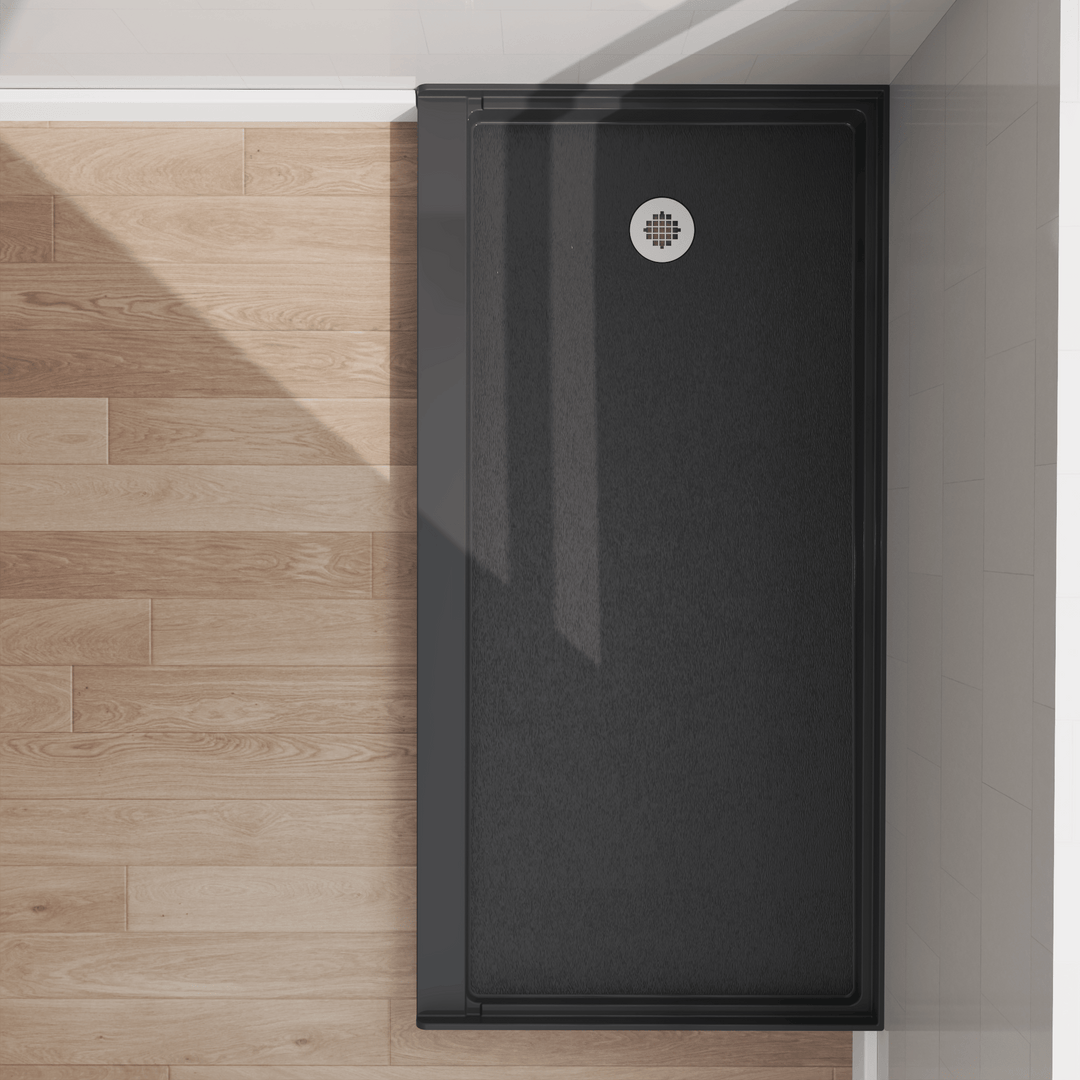 Top view of 60" x 30" SMC Shower Base with left drain, Glossy, Black Surface in modern bathroom#color_black