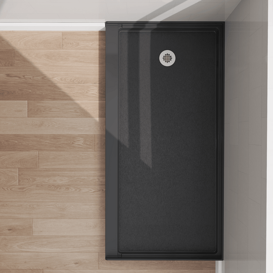Top view of 60" x 30" SMC Shower Base with left drain, Glossy, Black Surface in modern bathroom#color_black