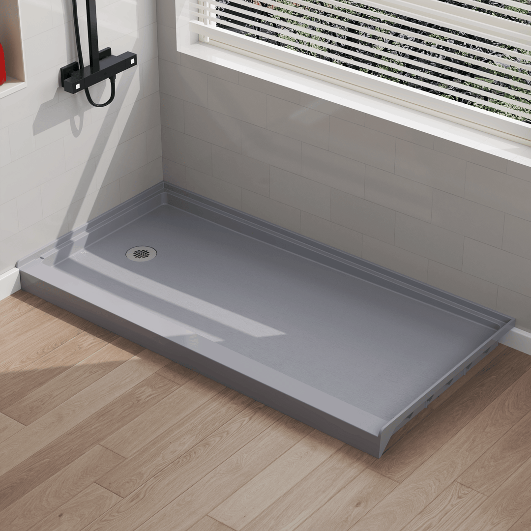 Angled view of 60" x 30" SMC Shower Base with left drain, Glossy, Gray Surface in modern bathroom#color_gray