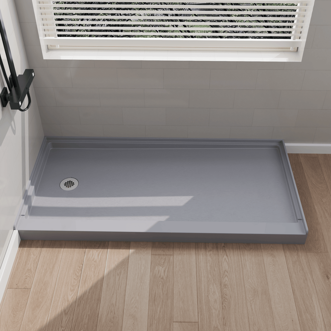 Side view of 60" x 30" SMC Shower Base with left drain, Glossy, Gray Surface in modern bathroom#color_gray