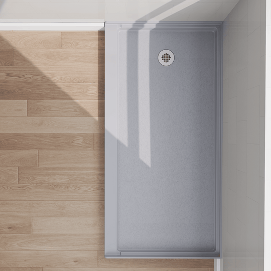 Top view of 60" x 30" SMC Shower Base with left drain, Glossy, Gray Surface in modern bathroom#color_gray
