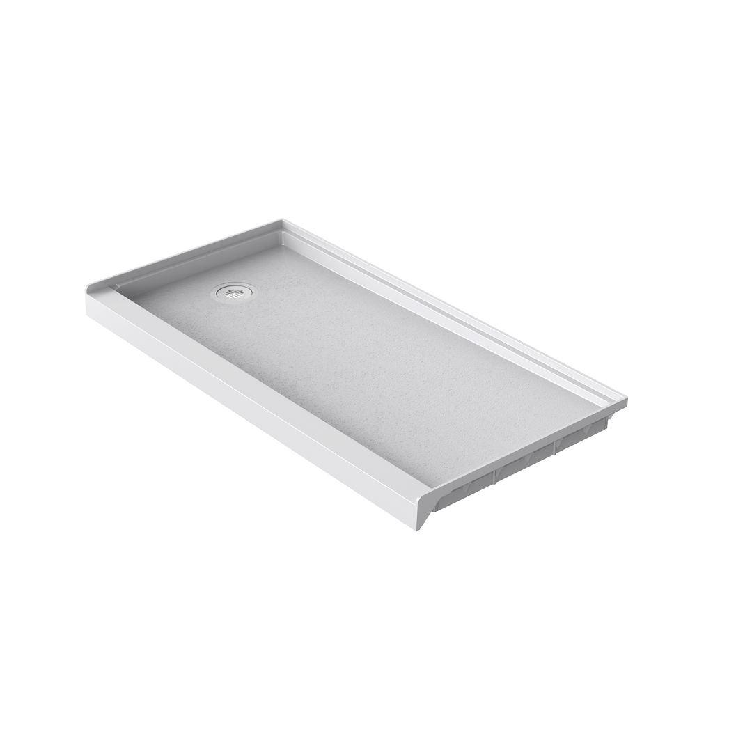 Angled view of 60" x 30" SMC Shower Base with left drain, Glossy White Surface in white background#color_white