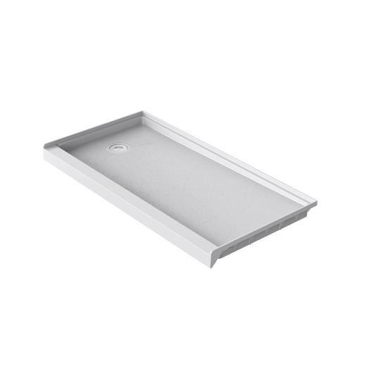 Angled view of 60" x 30" SMC Shower Base with left drain, Glossy White Surface in white background#color_white