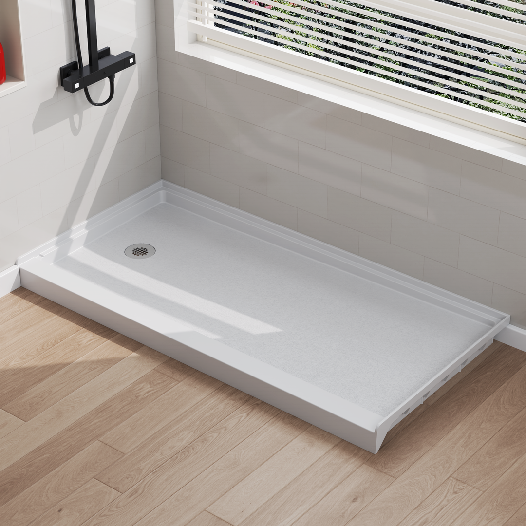 Angled view of 60" x 30" SMC Shower Base with left drain, Glossy White Surface in modern bathroom#color_white