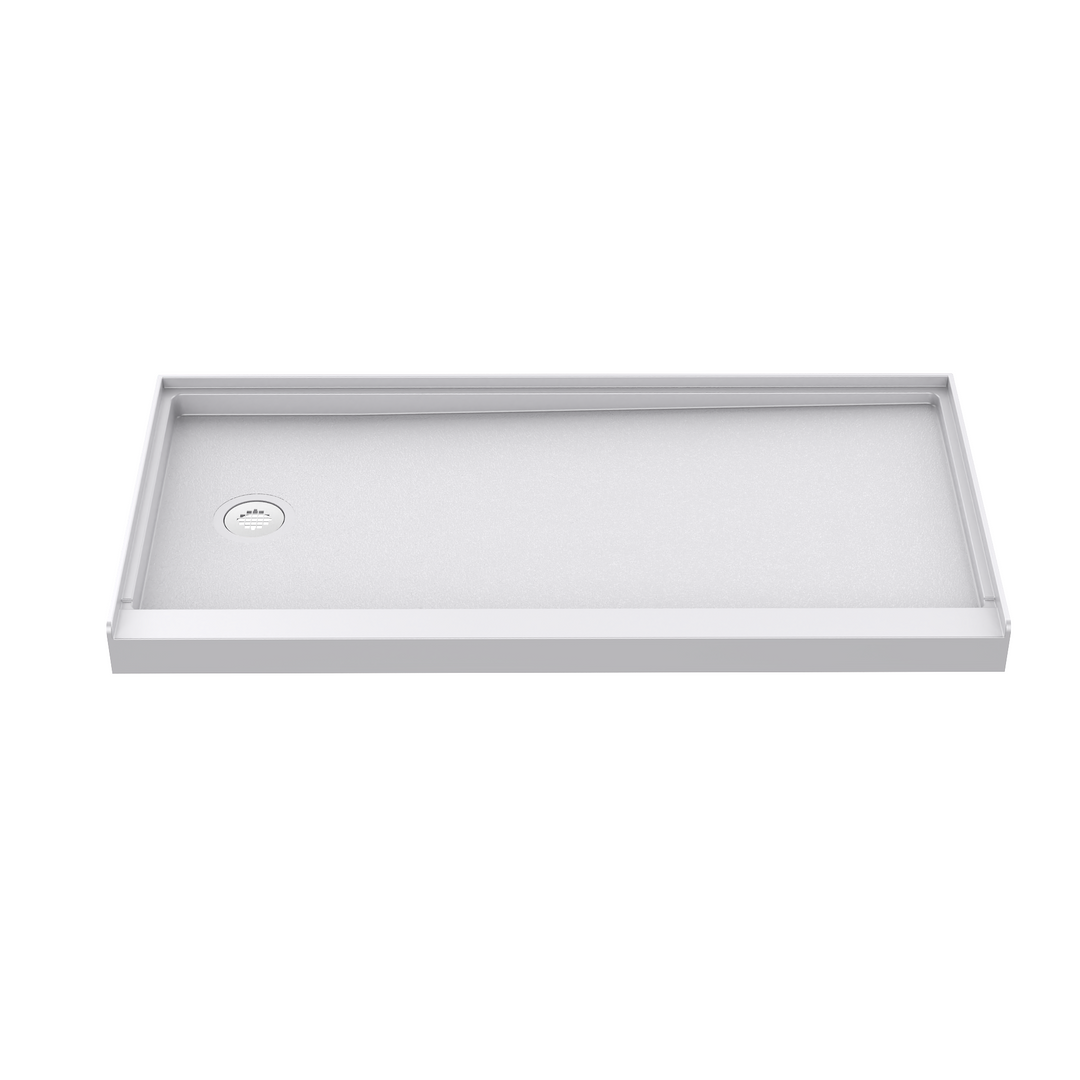 Side view of 60" x 30" SMC Shower Base with left drain, Glossy White Surface in white background#color_white