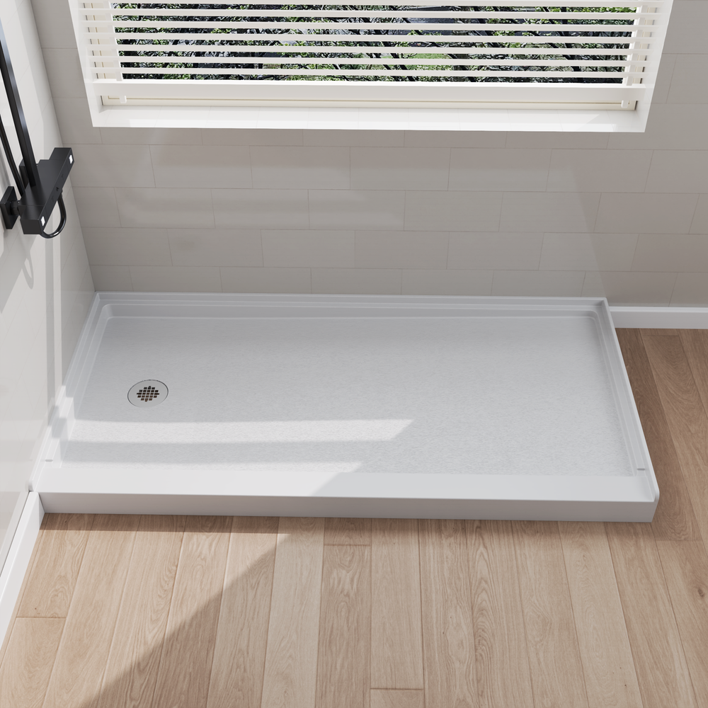 Side view of 60" x 30" SMC Shower Base with left drain, Glossy White Surface in modern bathroom#color_white