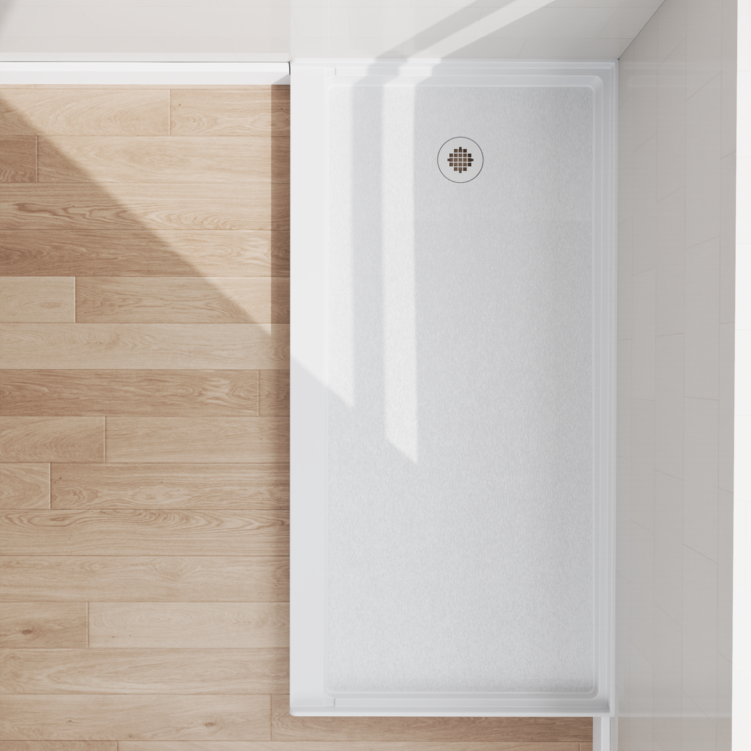 Top view of 60" x 30" SMC Shower Base with left drain, Glossy White Surface in modern bathroom#color_white