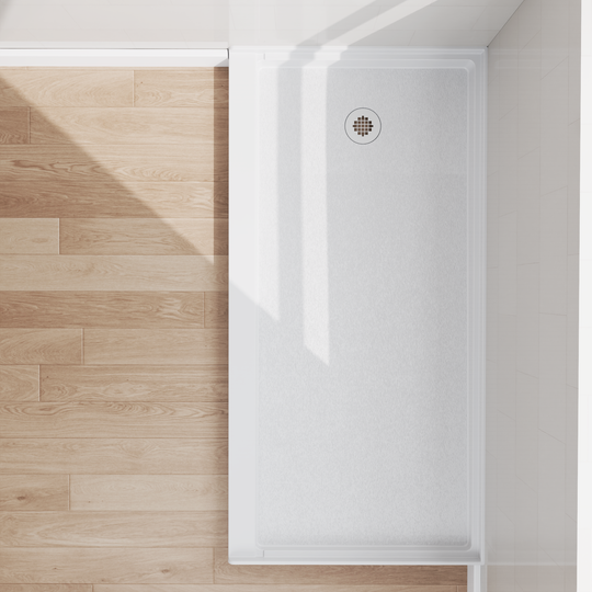 Top view of 60" x 30" SMC Shower Base with left drain, Glossy White Surface in modern bathroom#color_white