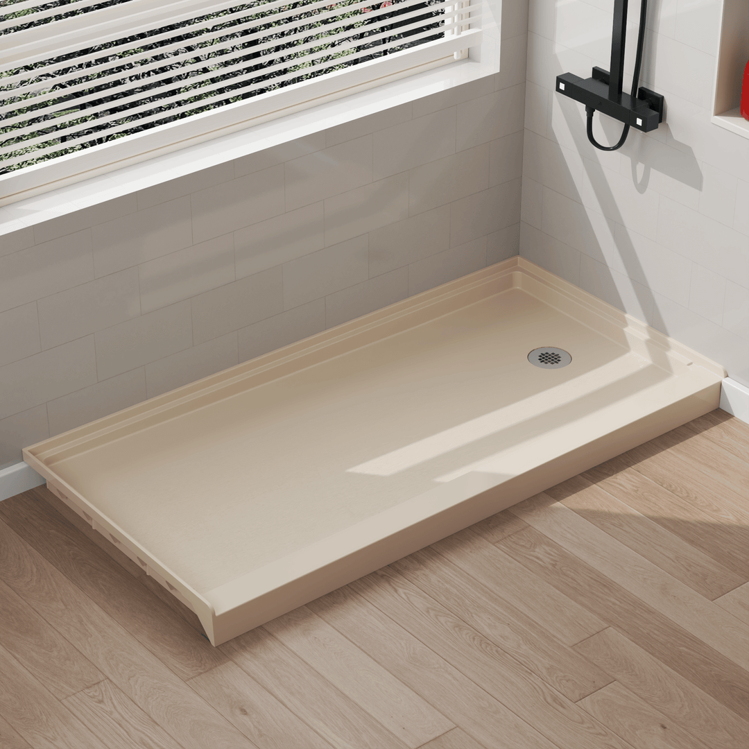 Angled view of 60" x 30" SMC Shower Base with right , Glossy, Beige Surface in modern bathroom#color_beige