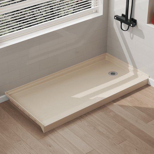 Angled view of 60" x 30" SMC Shower Base with right , Glossy, Beige Surface in modern bathroom#color_beige
