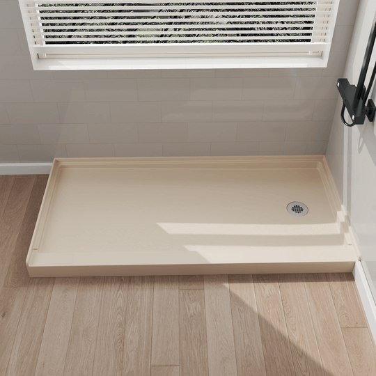 Side view of 60" x 30" SMC Shower Base with right , Glossy, Beige Surface in modern bathroom#color_beige