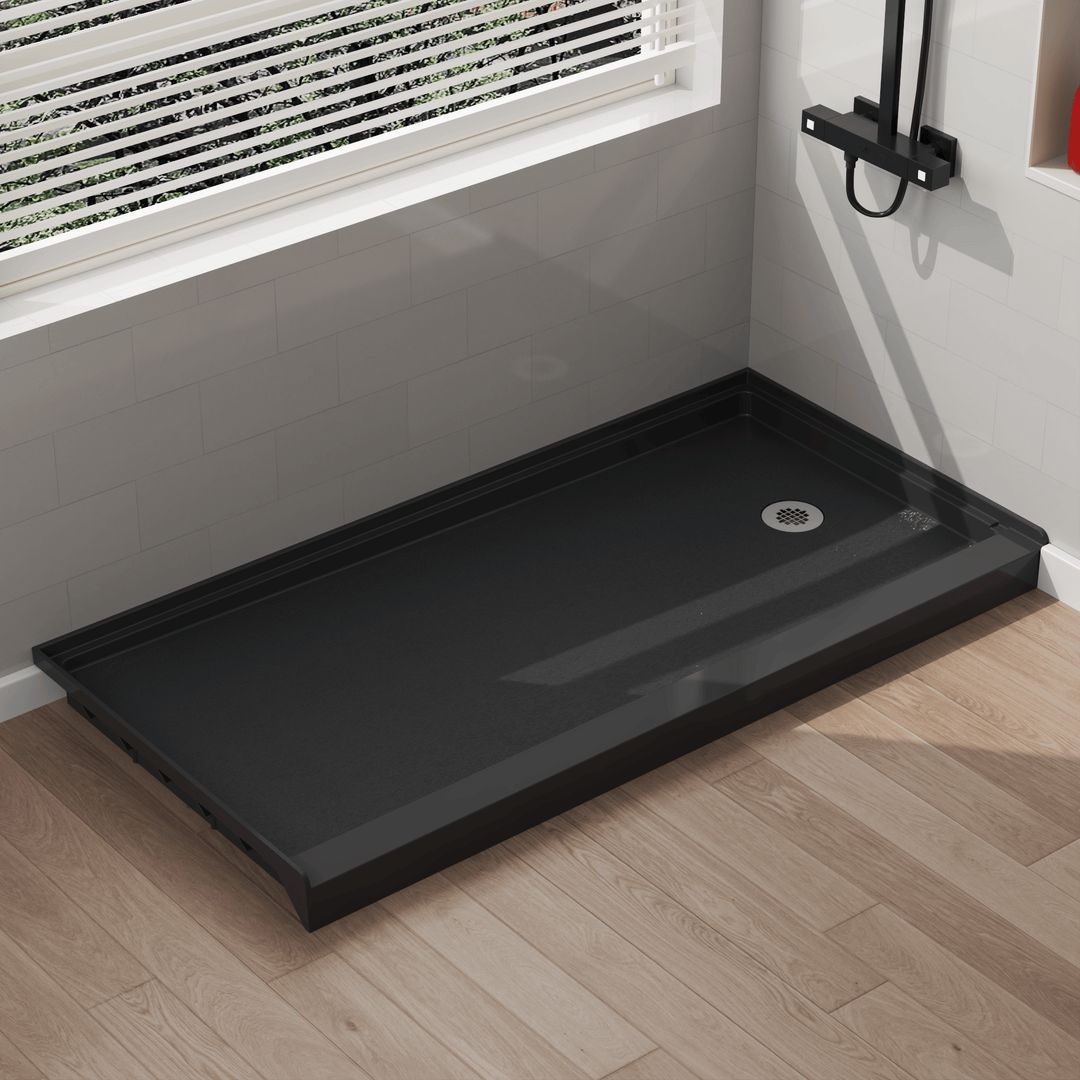 Angled view of 60" x 30" SMC Shower Base with right , Glossy, Black Surface in modern bathroom#color_black
