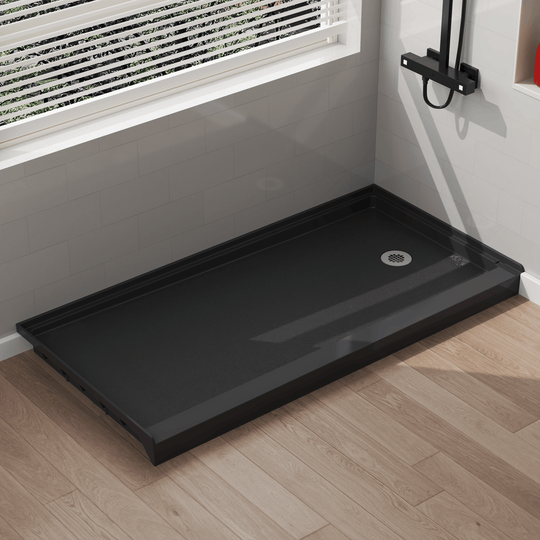 Angled view of 60" x 30" SMC Shower Base with right , Glossy, Black Surface in modern bathroom#color_black