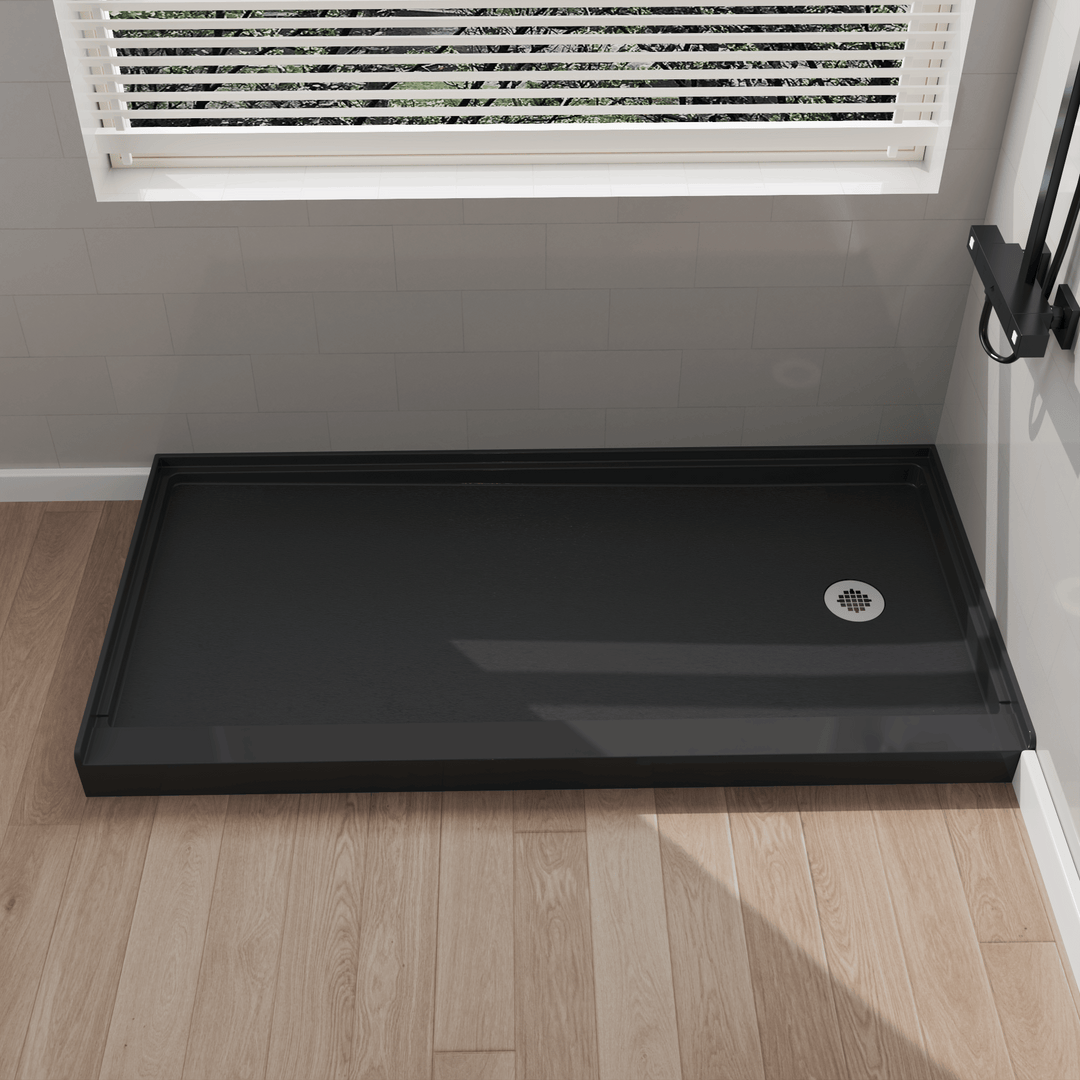 Side view of 60" x 30" SMC Shower Base with right , Glossy, Black Surface in modern bathroom#color_black