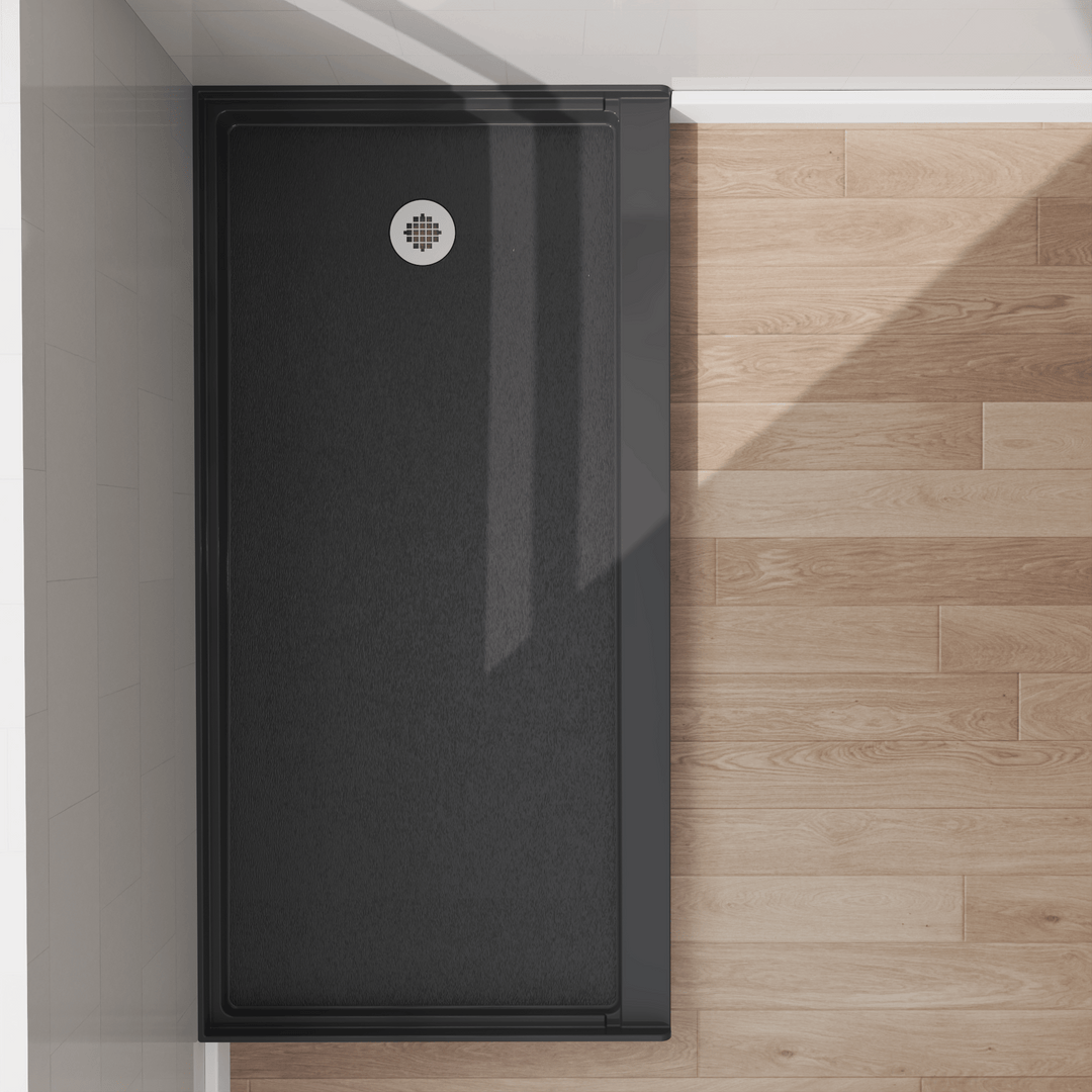 Top view of 60" x 30" SMC Shower Base with right , Glossy, Black Surface in modern bathroom#color_black