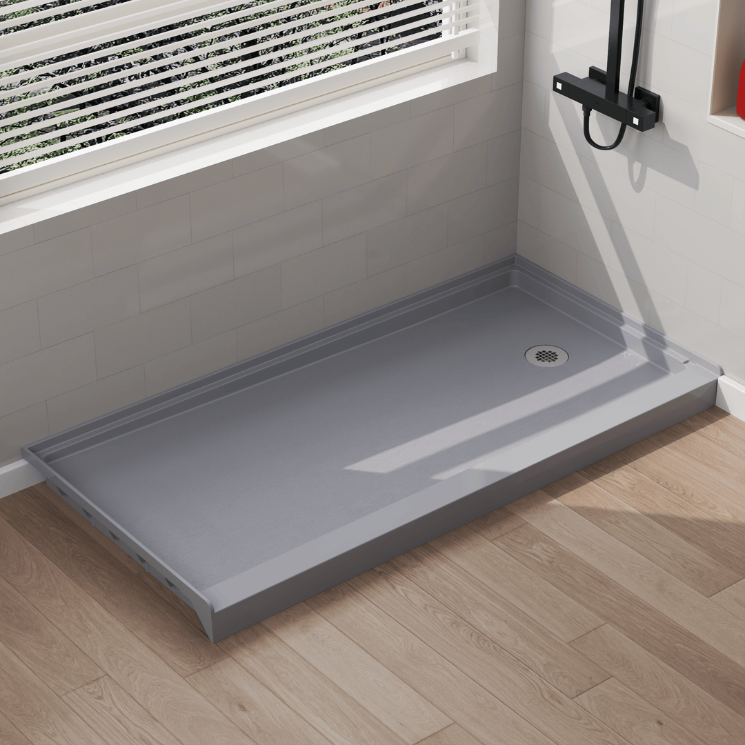 Angled view of 60" x 30" SMC Shower Base with right , Glossy, Gray Surface in modern bathroom#color_gray