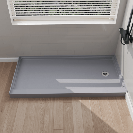 Side view of 60" x 30" SMC Shower Base with right , Glossy, Gray Surface in modern bathroom#color_gray