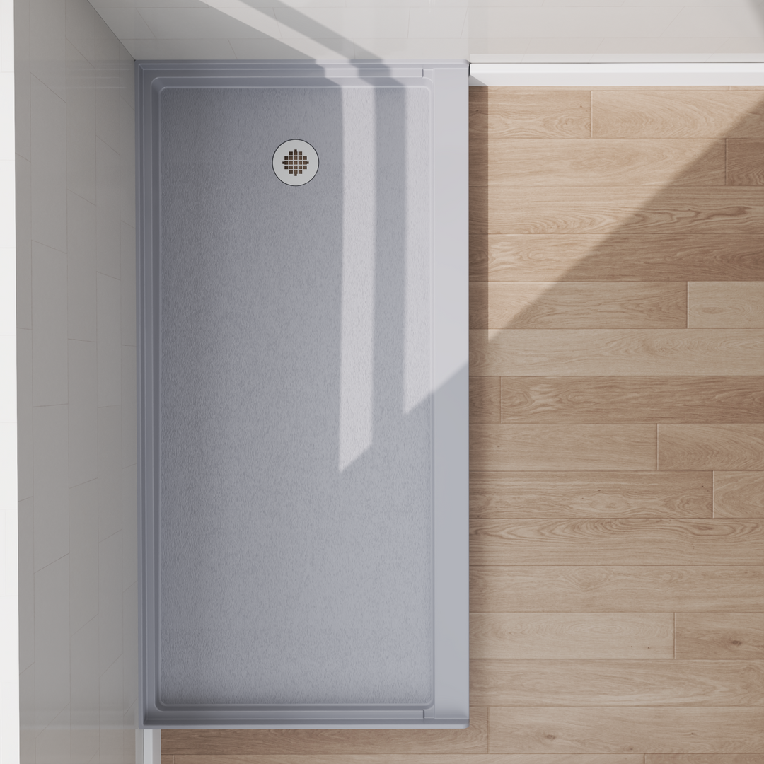 Top view of 60" x 30" SMC Shower Base with right , Glossy, Gray Surface in modern bathroom#color_gray