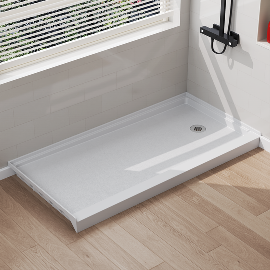 Angled view of 60" x 30" SMC Shower Base with right , Glossy, White Surface in modern bathroom#color_white